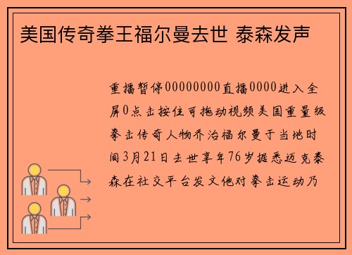 美国传奇拳王福尔曼去世 泰森发声
